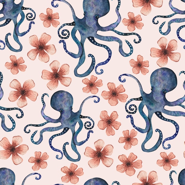 Oktopus und Blumen nahtloses Muster Aquarell-Illustration