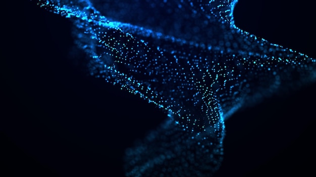 Ola abstracta con puntos y líneas en movimiento Flujo de partículas Ilustración de tecnología cibernética Renderización 3D