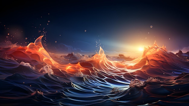 Ola de acuarela del mar y el océano a la luz del sol natural de la ilustración de cuento de hadas