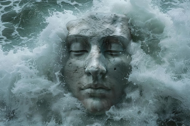 ola de agua de tormenta del mar en forma de rostro humano