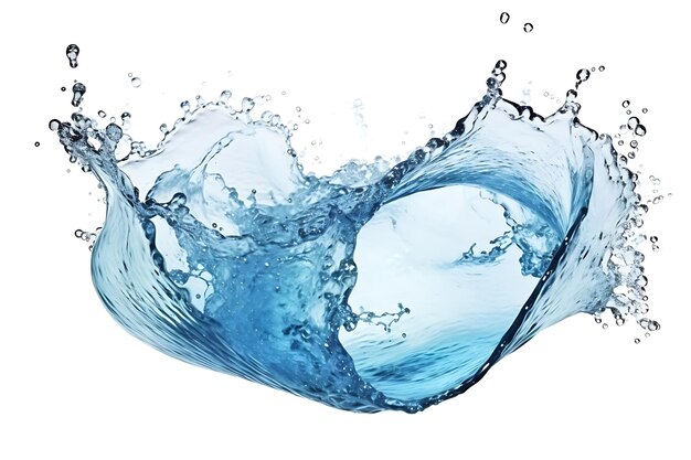 Ola de agua transparente con salpicaduras y gotas de colores azul claro
