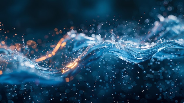 Una ola azul con chispas naranjas en el agua La imagen es de una ola de agua con muchas chispas en i