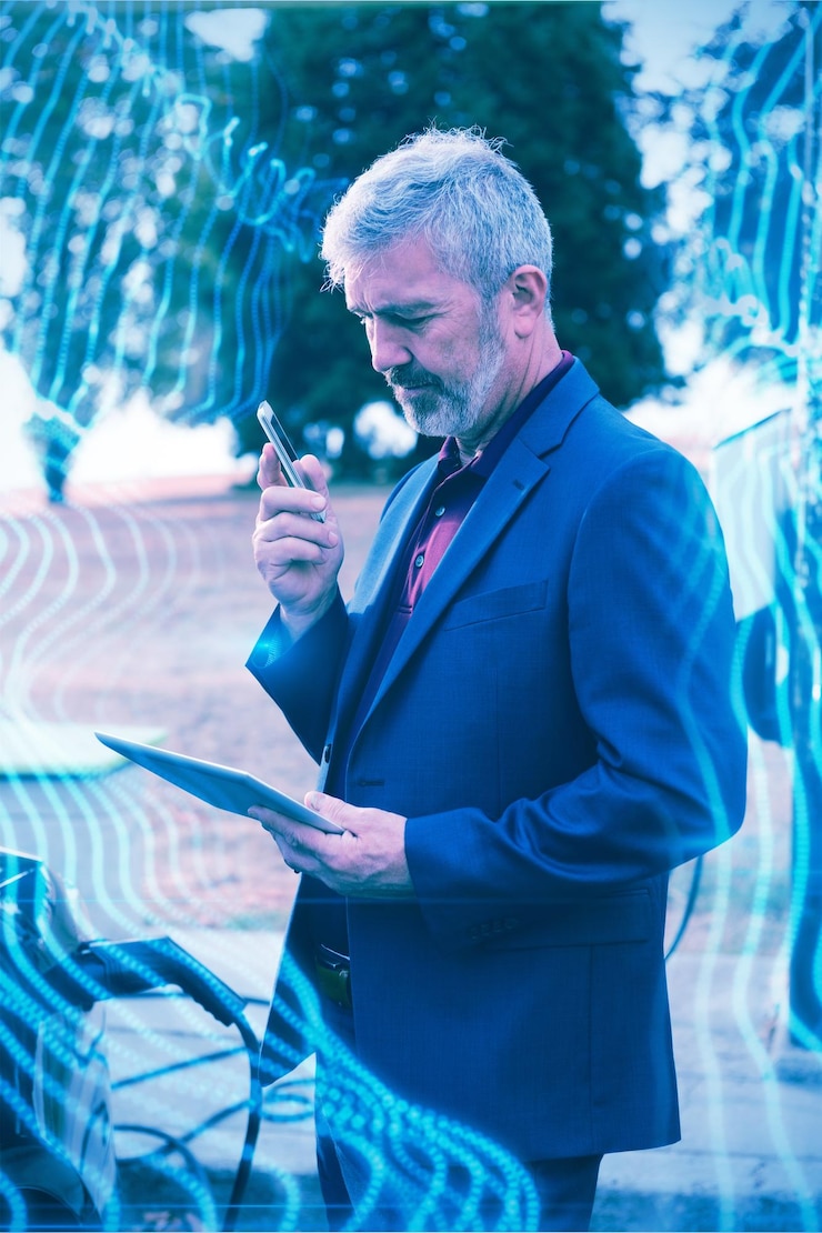 Foto ola azul contra el empresario mediante tableta digital mientras habla por teléfono móvil