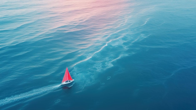 Foto una ola azul detrás de un pequeño barco de vela