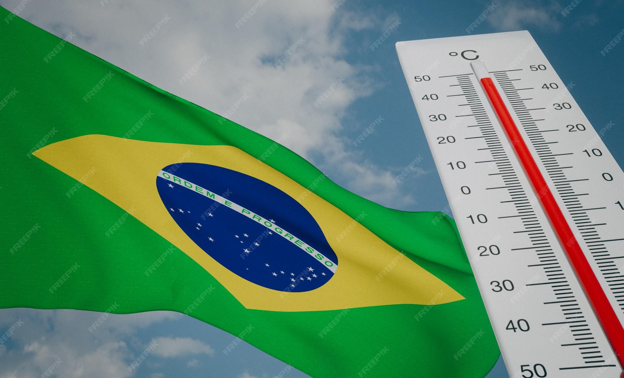 Ola de calor en brasil termómetro frente a la bandera de brasil y ola
