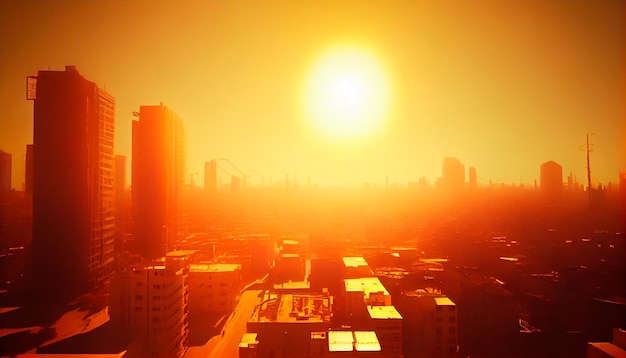 Ola de calor sobre una ciudad sol brillante calentamiento global isla de calor urbano IA generativa