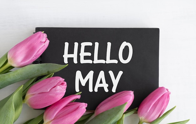Olá cartão de letras de mão de maio Flores de tulipa de primavera em fundo preto escuro