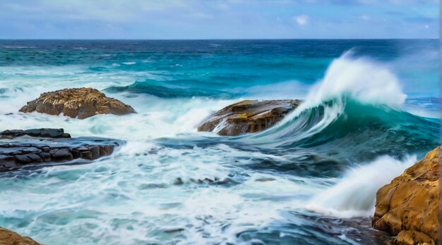 una ola chocando contra las rocas con el océano en el fondo