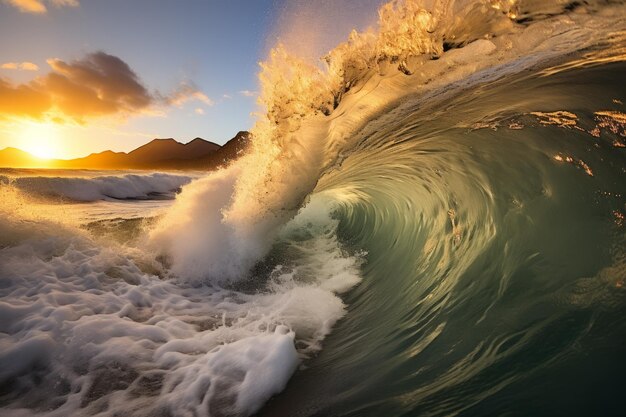 Foto una ola enorme chocando en la playa al atardecer