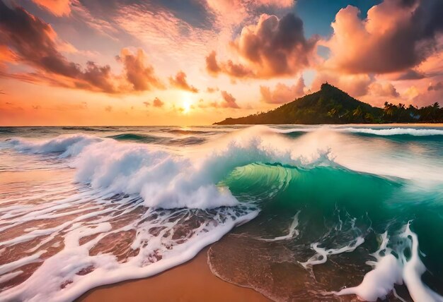 una ola se está estrellando en una playa con una montaña en el fondo