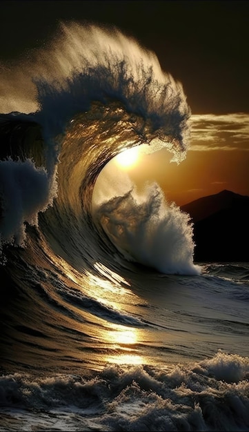 Una ola está rompiendo en el océano y el sol se está poniendo.