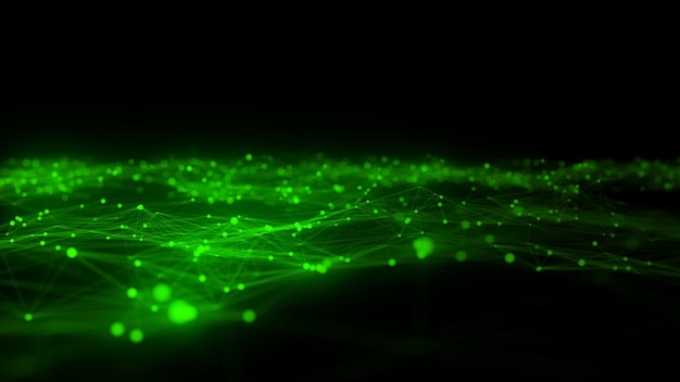 Ola futurista abstracta con puntos en movimiento Flujo de partículas y líneas de color Ilustración de tecnología cibernética Visualización de grandes datos Renderización 3D