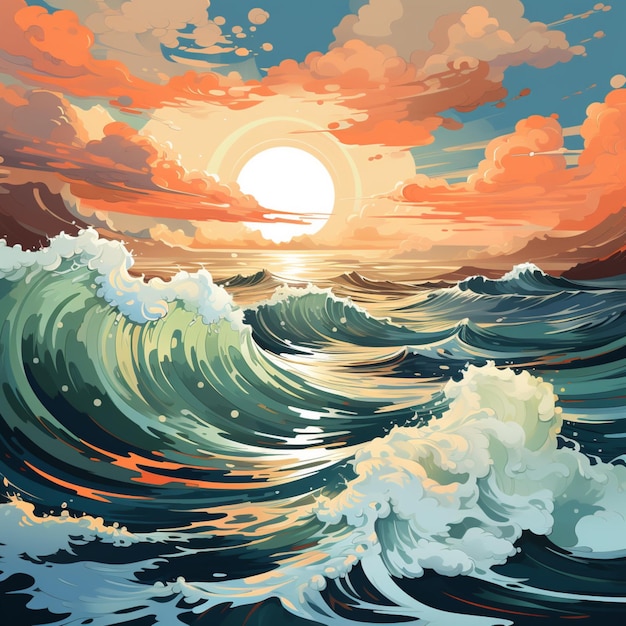 ola de mar con diseño de arte de ilustración de puesta de sol