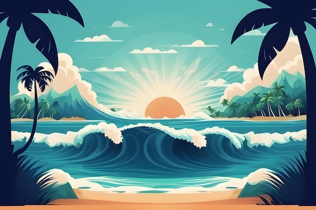 Ola del océano con ilustración plana de una isla tropical