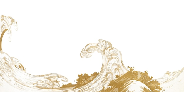 La ola del océano japonés png borde dorado vintage en fondo transparente Remezclado por rawpixel