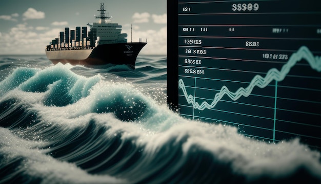 Foto una ola con una ola y un barco con un gráfico que muestra una ola con un barco al fondo.