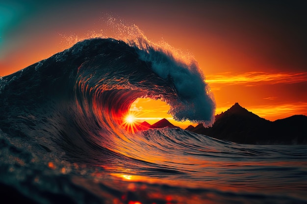 La ola en un paisaje marino está iluminada por el sol naciente