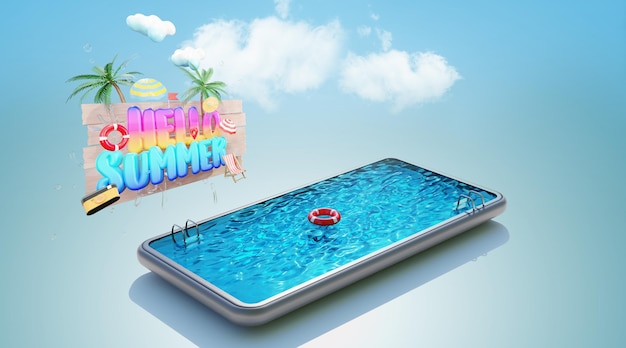 Olá para o projeto da bandeira do verão 2022. Piscina no smartphone. Conceito de viagens e férias, renderização em 3D