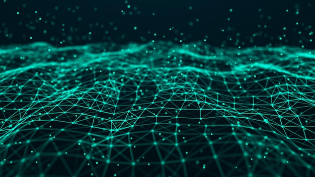 Ola de partículas Fondo de puntos azules futuristas con una onda dinámica Representación 3d de Big data