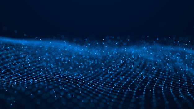 Ola de partículas Fondo de puntos azules futuristas con una onda dinámica Representación 3d de Big data