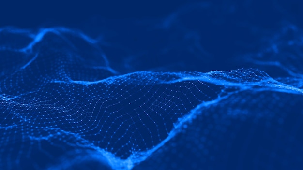 Ola de partículas Fondo de puntos azules futuristas con una onda dinámica Representación 3d de Big data