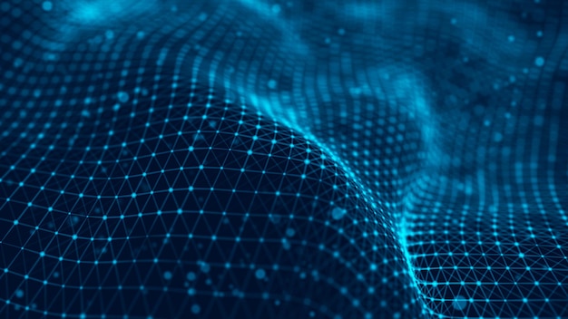 Ola de partículas Fondo de puntos azules futuristas con una onda dinámica Representación 3d de Big data