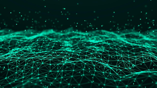 Ola de partículas Fondo de puntos verdes futuristas con una onda dinámica Representación 3d de big data