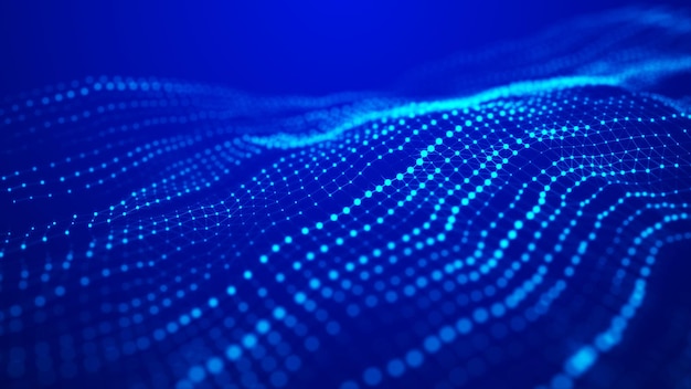 Ola de partículas Futurista puntos azules de fondo con una onda dinámica de datos grandes renderización en 3D