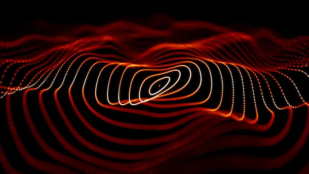 Ola de partículas rojas Fondo de fuego abstracto con una representación 3D de onda dinámica