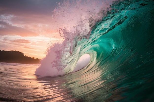 Ola perfecta al atardecer en Indonesia imagen detallada y granulada