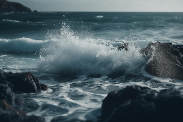 Una ola rompe en una costa rocosa con la palabra océano.