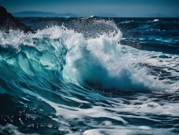 Una ola rompe en el océano y el mar es azul.