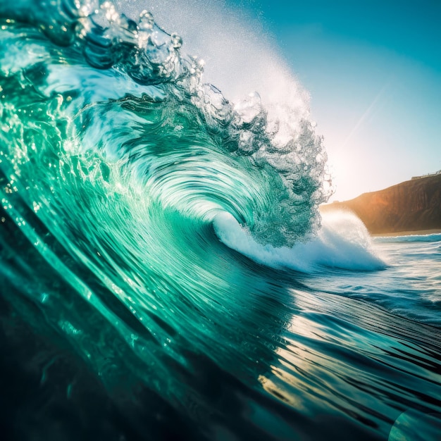 Una ola se rompe en el océano y el sol brilla sobre el agua.