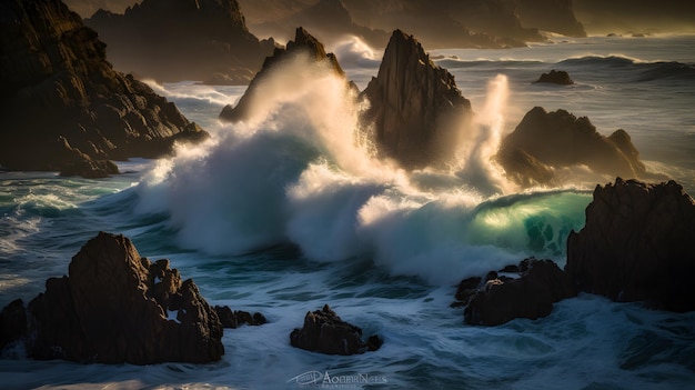 Una ola rompe en las rocas al atardecer.