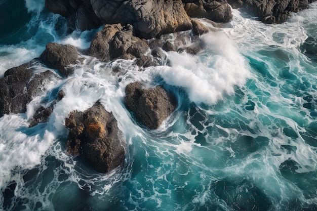 Una ola rompe en las rocas del océano.