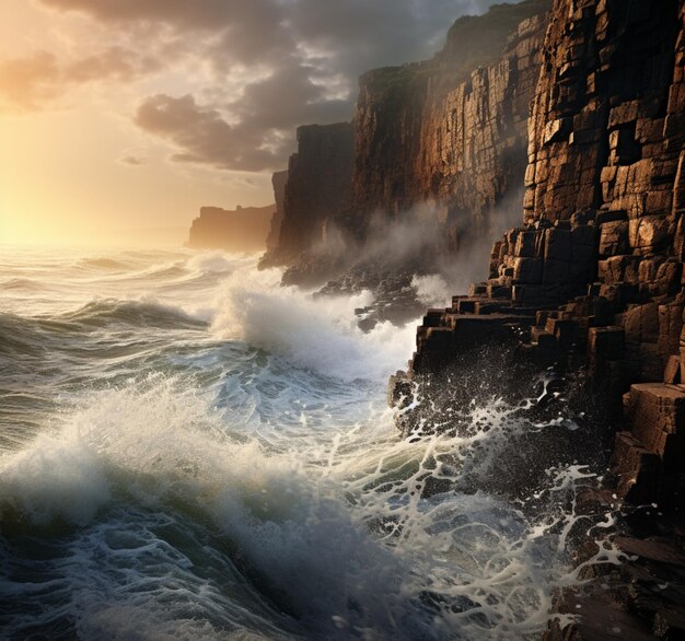 una ola se rompe sobre las rocas y el océano