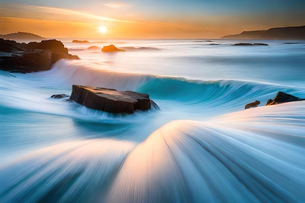 Una ola rompe sobre las rocas con la puesta de sol detrás de ella