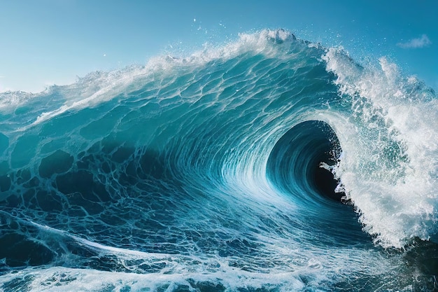 Ola rompiendo azul con embudo de agua clara burbujeante