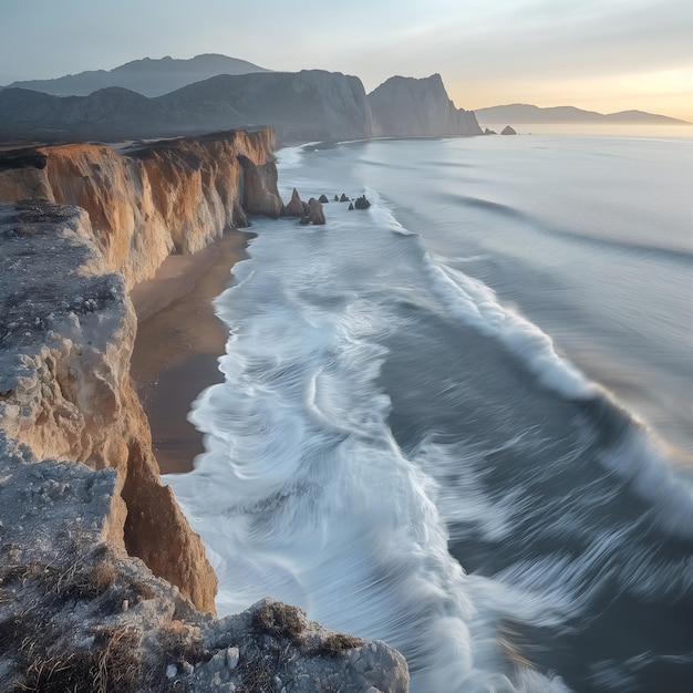 una ola rompiendo en una playa con el océano en el fondo