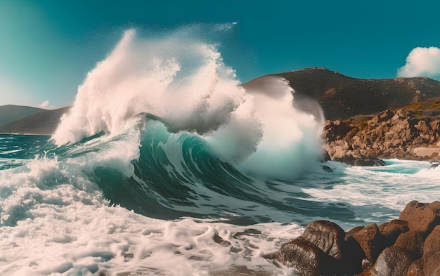 Foto una ola rompiendo en una playa rocosa