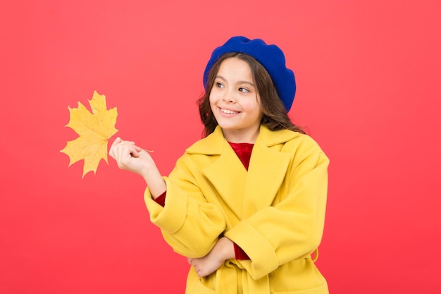 Olá setembro Menina bem-vinda temporada de outono Garota de criança rosto bonito segure folha de bordo Criança com folha amarela de outono O outono está aqui Garota pequena usa roupa de outono em fundo vermelho Aproveite a temporada