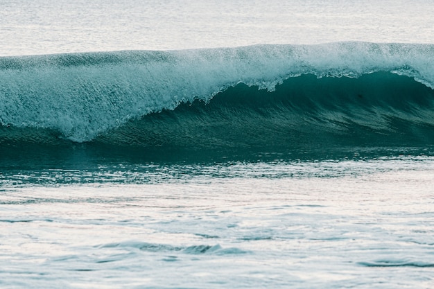 Una ola de surf masiva rompiendo en el mar durante un día brillante con espacio de copia