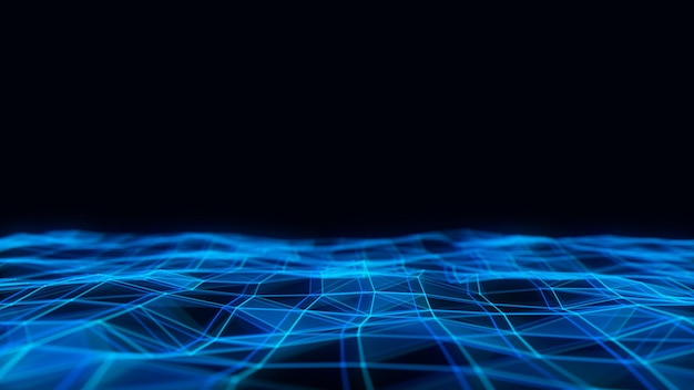 Ola de tecnología digital Ciberespacio oscuro con puntos y líneas de movimiento Fondo digital futurista