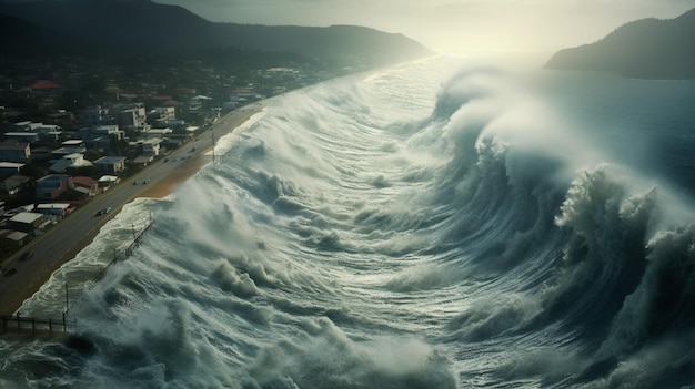 La ola del tsunami avanza hacia la costa y azota