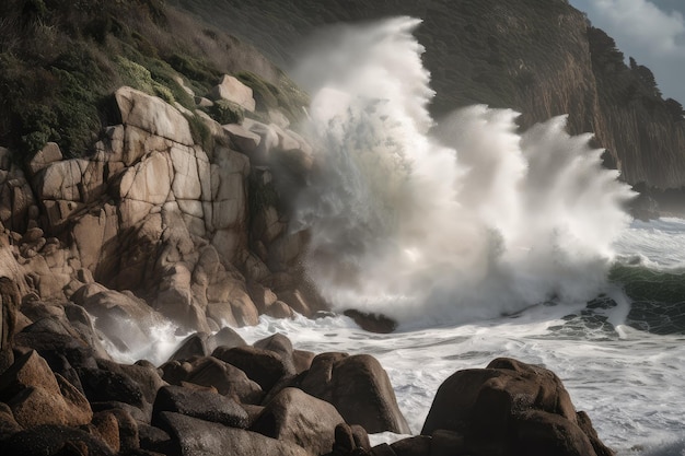 La ola del tsunami se estrella contra un acantilado rocoso con rocío volando