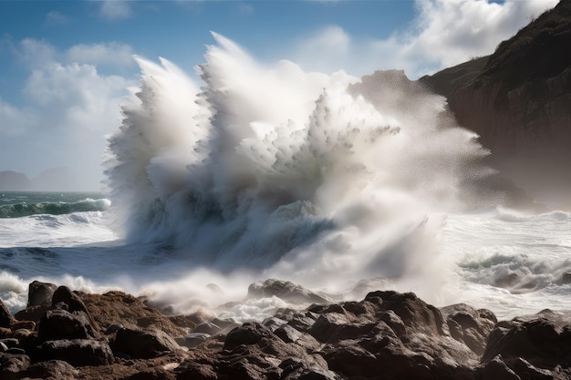 Ola de tsunami estrellándose contra la costa rocosa con spray volando en el aire
