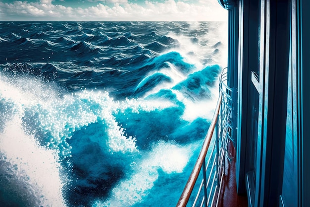 Olas de alta mar en el océano azul desde el punto de vista de la cubierta del barco