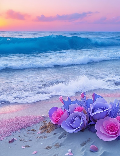 Foto las olas azules del mar al anochecer, el amanecer, la puesta de sol con flores de rosa, conchas rosadas, conchas, sal del mar en la arena.