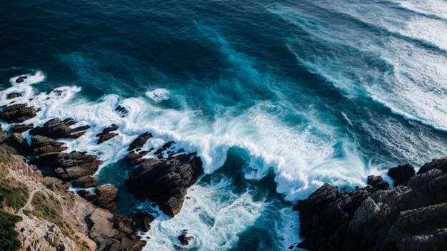 Olas azules del océano chocando contra la orilla Vista aérea del mar y las rocas Fondo del paisaje