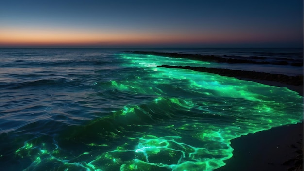 Foto olas bioluminescentes que se estrellan en una costa